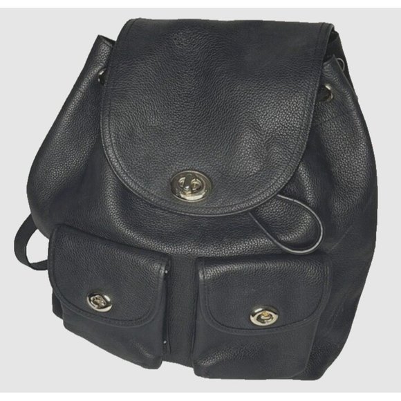 Coach Black Pebbled Leather Backpack Bag Large Turnlock  Adj straps 12" high - Picture 12 of 16